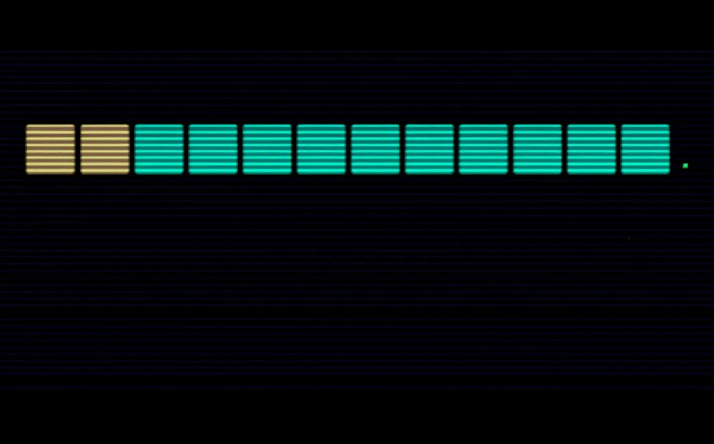 An 8-bit pixel-art sprite of an abstract green peptide chain with a magenta N-terminal block and a faint phosphor halo, framed like a retro data cartridge on a deep cool console ground